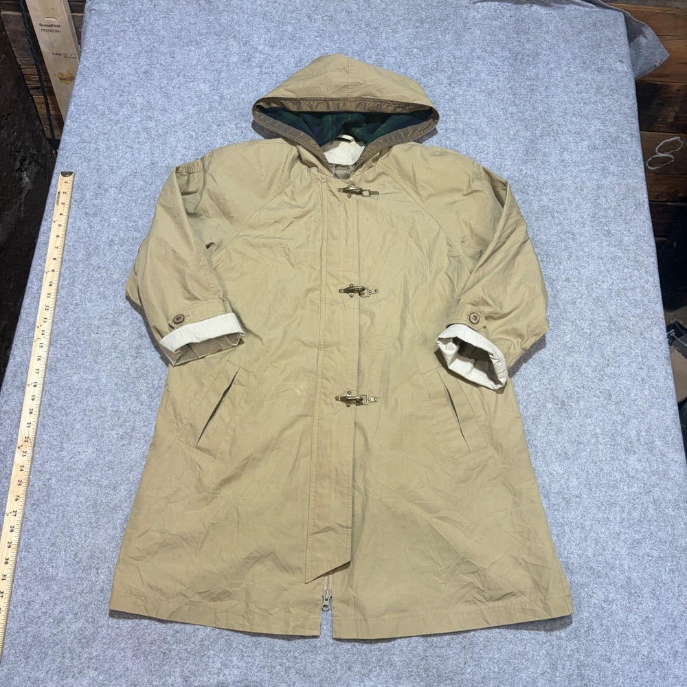 Vintage Tan Hooded Parka Jacket Brass Lobster Claw Toggle Plaid Lined Hood